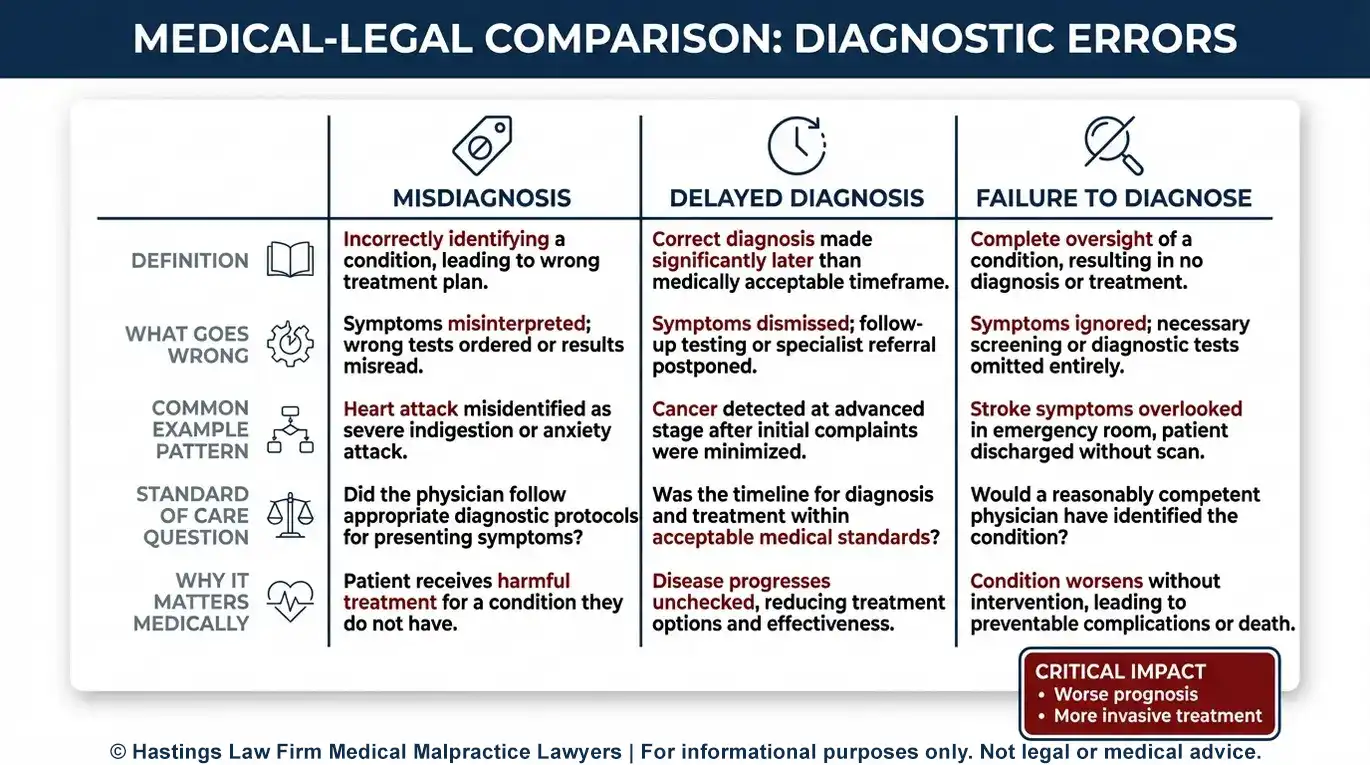 Tabla comparativa que explica los conceptos de diagnóstico erróneo, retraso en el diagnóstico y falta de diagnóstico, para la evaluación de un caso por parte de un abogado especializado en casos de falta de diagnóstico en Austin.