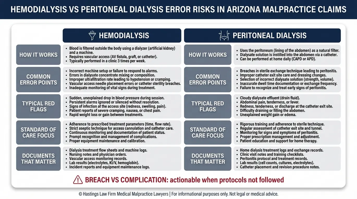 Comparison chart showing hemodialysis versus peritoneal dialysis error risks and standard of care focus for an Arizona Dialysis Error Lawyer evaluation.
