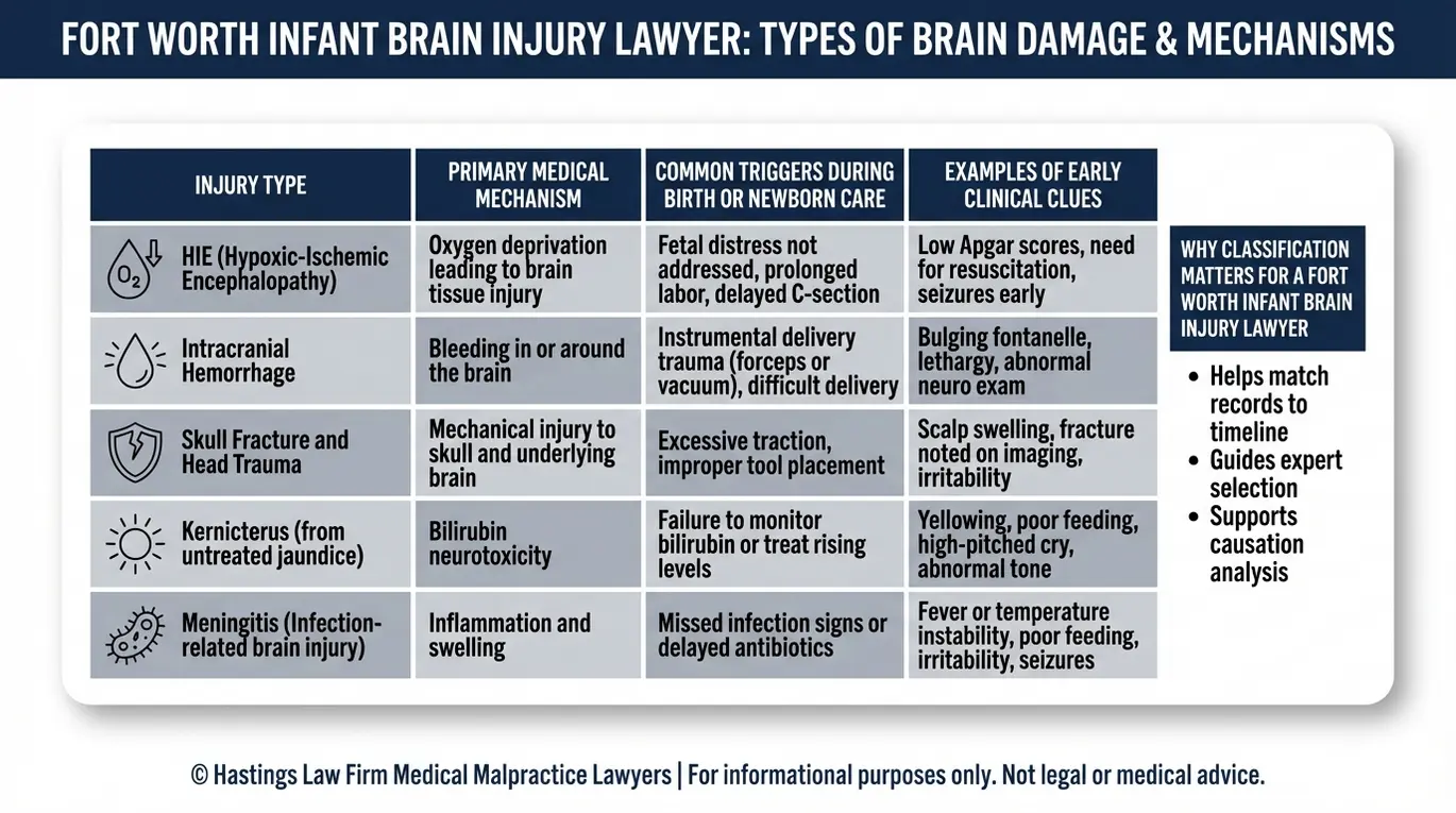 Comparison chart explaining infant brain injury types and mechanisms for a Fort Worth Infant Brain Injury Lawyer, including HIE hemorrhage skull fracture kernicterus and meningitis with key clinical clues.