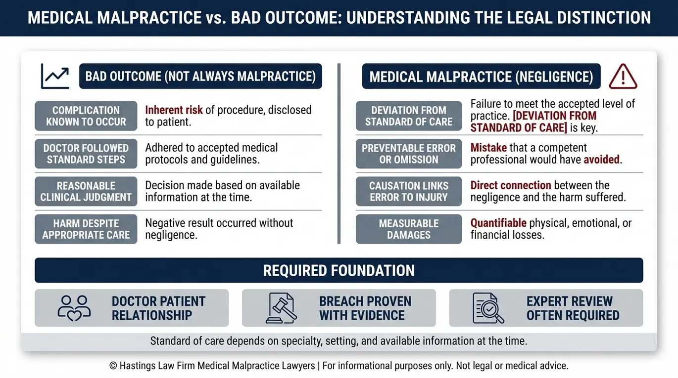Tabla comparativa que explica la diferencia entre un mal resultado y la negligencia médica, elaborada por un abogado especializado en negligencia médica en Arizona, en la que se resumen los conceptos de estándar de atención, incumplimiento, causalidad, daños y la relación médico-paciente.