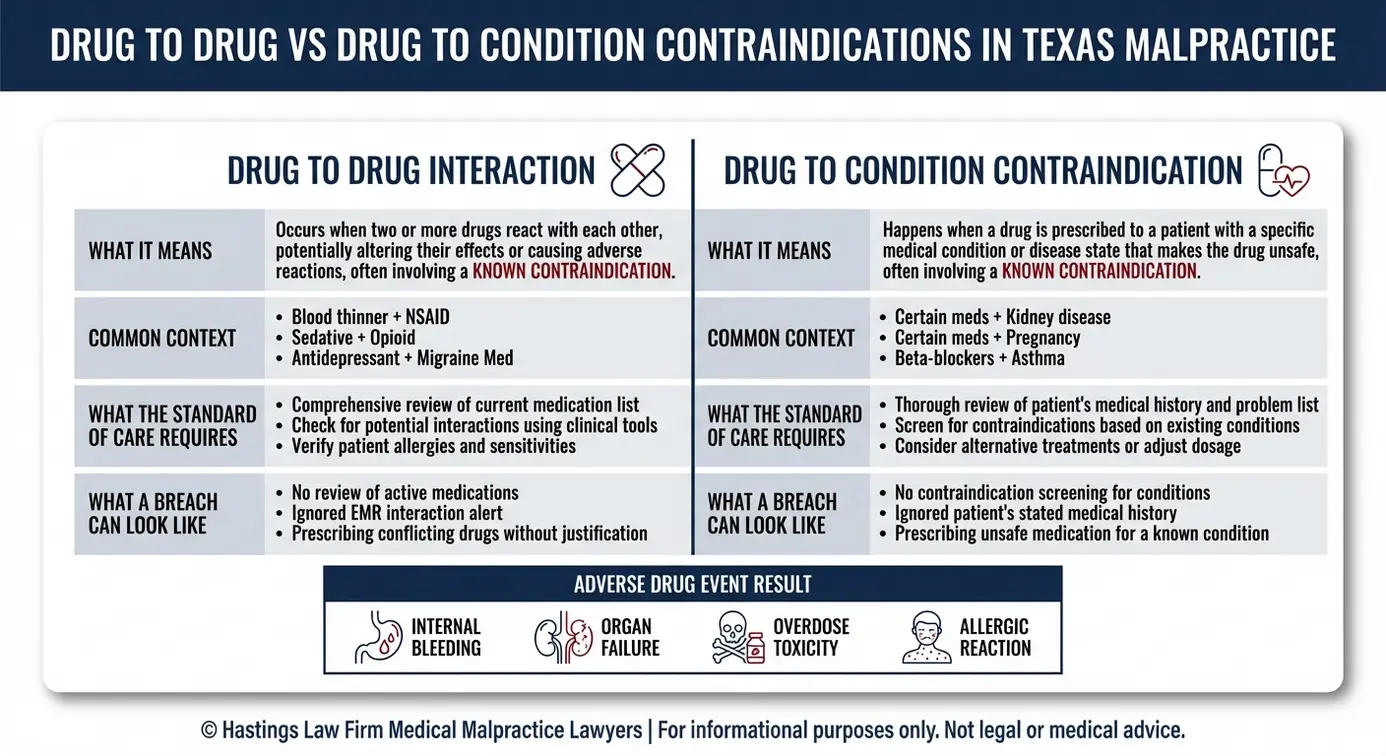 Tabla comparativa en la que se explican las interacciones entre medicamentos frente a las contraindicaciones entre medicamentos y afecciones, así como el tratamiento estándar, en un caso de negligencia profesional relacionado con interacciones farmacológicas de Texas.