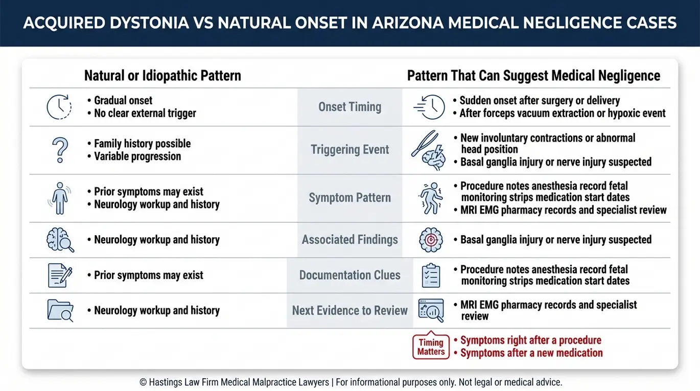 Tabla comparativa que distingue entre los patrones de distonía de origen natural y los de origen adquirido, utilizada por un abogado especializado en trastornos de distonía de Arizona para evaluar una posible negligencia médica.