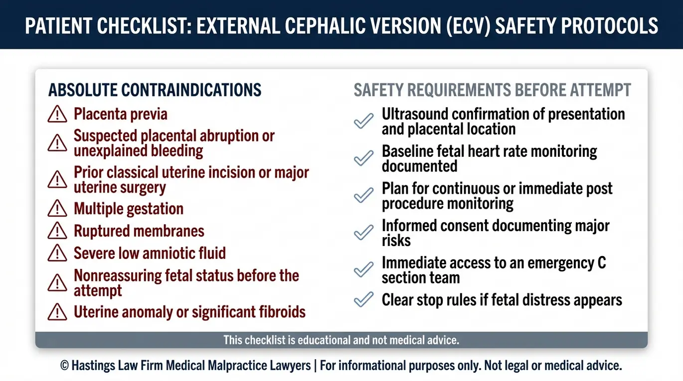 Checklist summarizing external cephalic version contraindications and required safety steps for families evaluating a Texas External Cephalic Version Complication Lawyer.