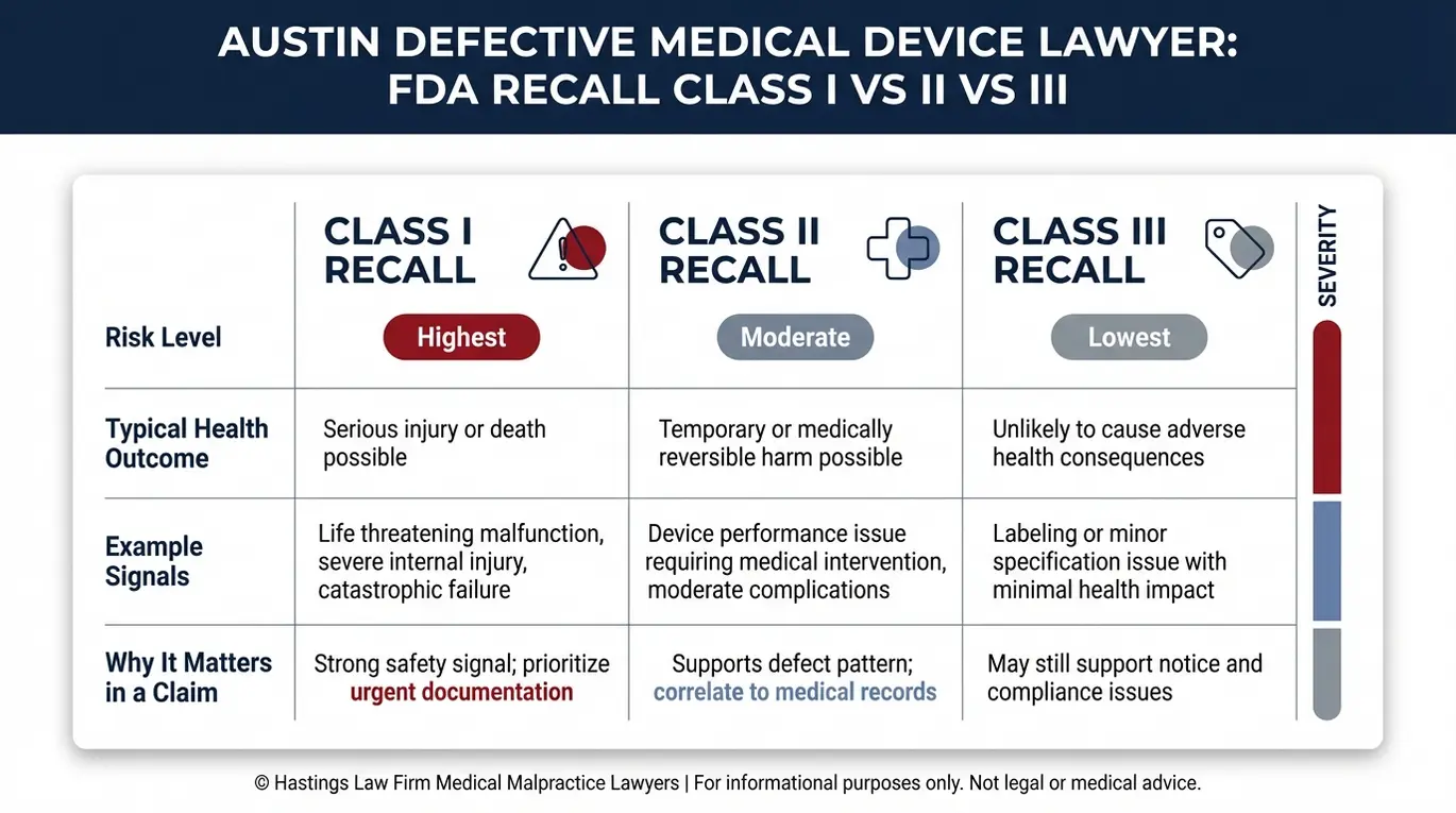 Comparison chart explaining FDA recall Class I, Class II, and Class III severity for an Austin Defective Medical Device Lawyer topic.