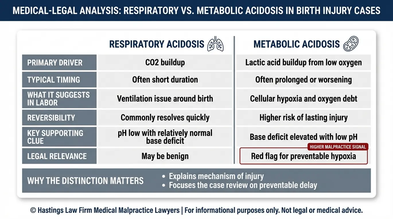 Comparison chart explaining respiratory versus metabolic fetal acidosis for Texas Fetal Acidosis Lawyer case screening with causes timing base deficit clues and malpractice relevance.