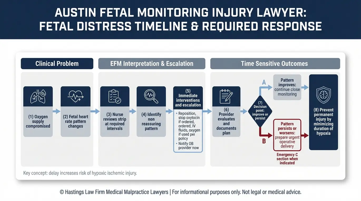 Diagrama de flujo que muestra la cronología del sufrimiento fetal y las medidas necesarias, elaborado por un abogado especializado en lesiones por monitorización fetal de Austin, en el que se analizan las etapas de escalada de la monitorización fetal electrónica.