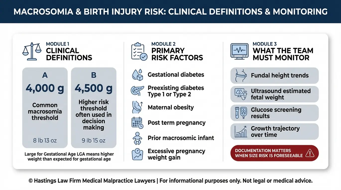 Data infographic explaining fetal macrosomia thresholds and key monitoring duties relevant to an Arizona Macrosomia Birth Injury Lawyer case including 4000 grams and 4500 grams definitions risk factors and prenatal tracking steps.