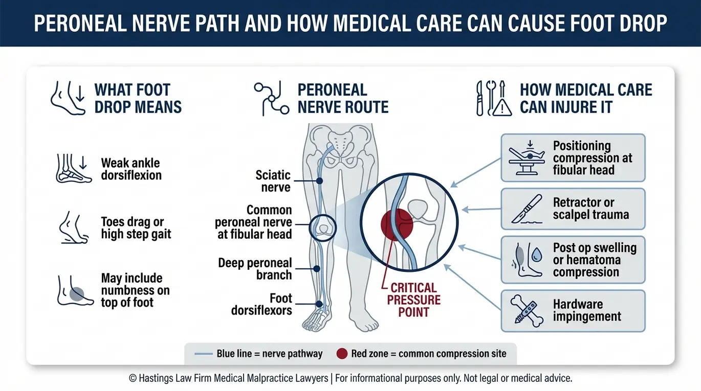 Clinical diagram showing the peroneal nerve route and common medical care mechanisms that cause foot drop for a Texas Drop Foot Lawyer overview.