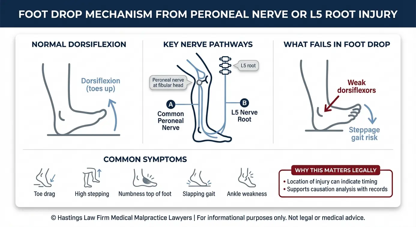 Clinical diagram showing how foot drop from peroneal nerve or L5 nerve root injury causes toe drag and gait changes relevant to an Arizona Drop Foot Lawyer case review.