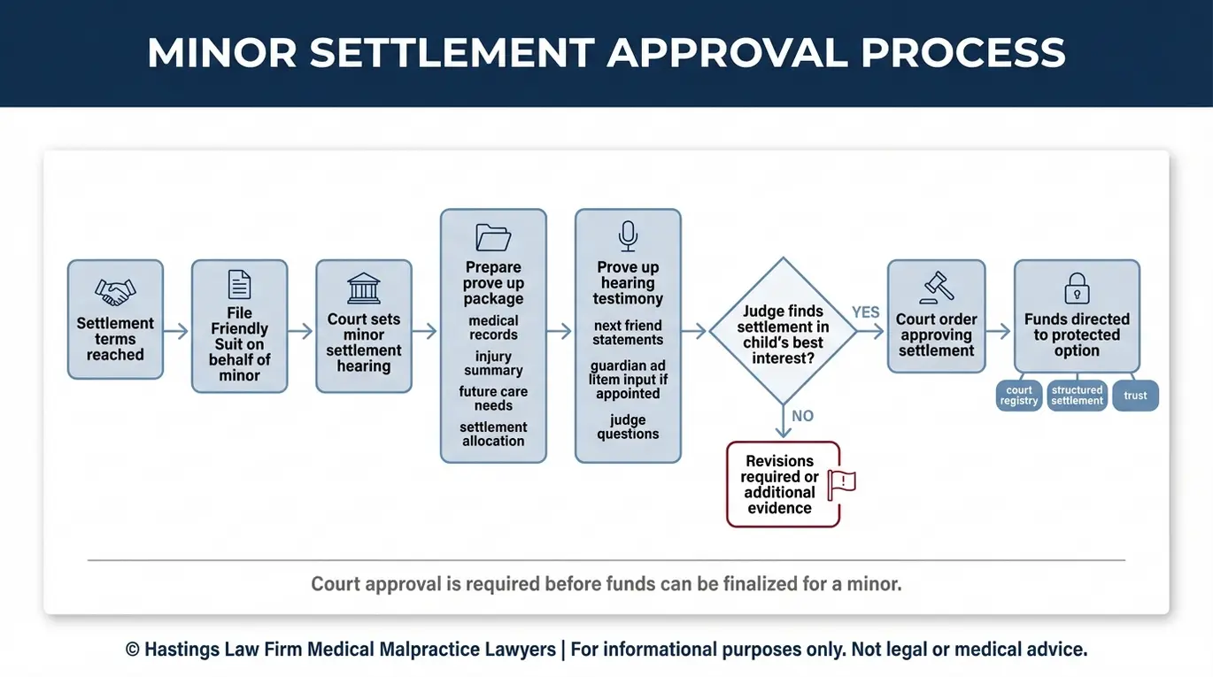 Process flowchart summarizing Texas Infant Injury Liability Laws friendly suit steps from filing to prove up hearing to judge approval and protected settlement fund options for a minor.