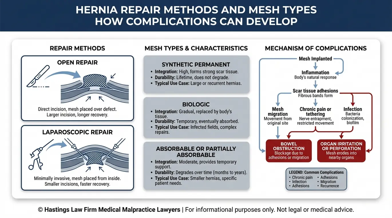 Diagrama conceptual clínico que muestra los métodos de reparación de hernias (abierta y laparoscópica) con los distintos tipos de malla, así como la vía de respuesta a cuerpos extraños, para información destinada a abogados especializados en cirugía de hernias Texas.