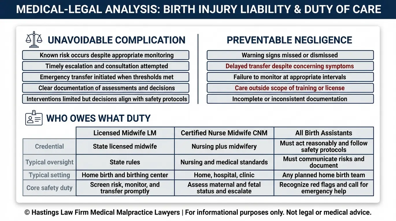 Tabla comparativa que explica cómo un abogado especializado en negligencia en partos domiciliarios en Arizona distingue entre complicaciones inevitables del parto y negligencia evitable, y compara el deber de diligencia de las parteras con licencia y las enfermeras parteras certificadas.