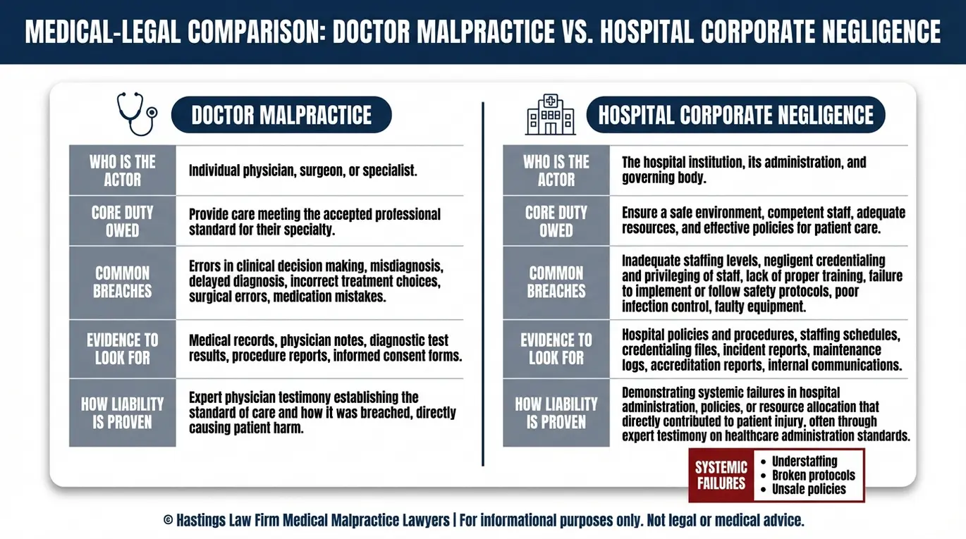Comparison chart explaining hospital corporate negligence versus doctor malpractice for a Texas Hospital Malpractice Lawyer inquiry including duties breaches and proof elements.