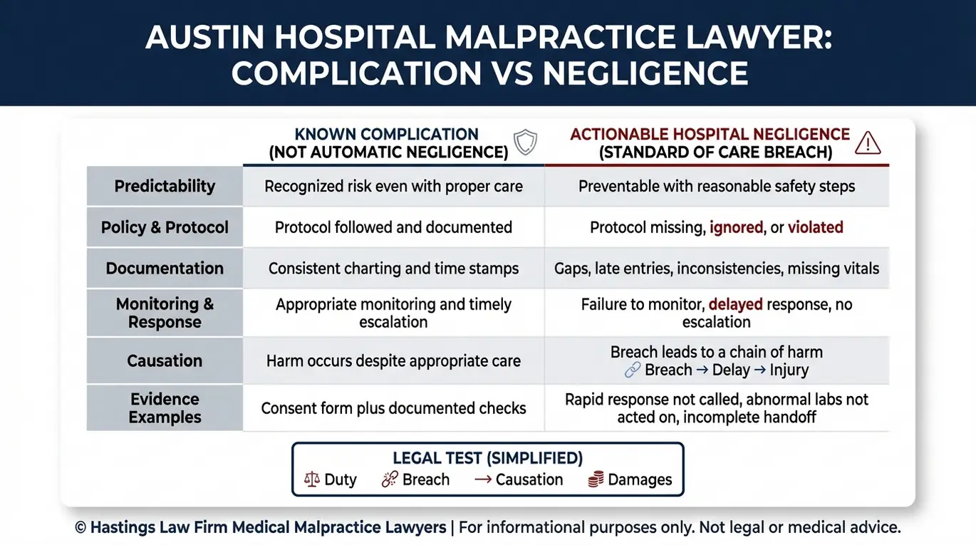 Tabla comparativa que explica la diferencia entre complicaciones y negligencia para el análisis del nivel de atención en el marco de la práctica de un abogado especializado en negligencia médica del Hospital de Austin.