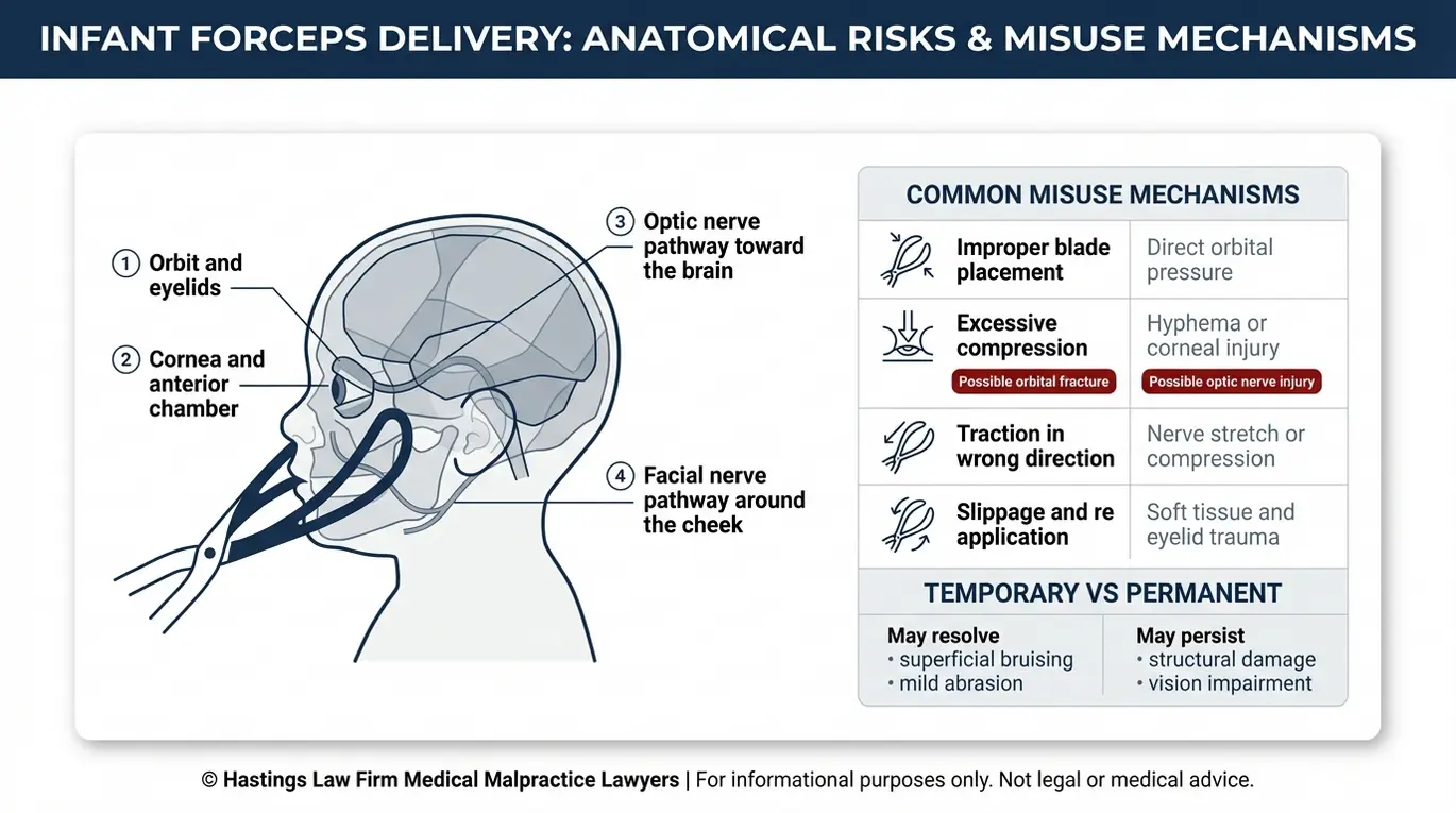Clinical diagram explaining how forceps misuse during delivery can cause newborn ocular trauma and vision impairment for a Texas Forceps Eye Birth Injury Lawyer topic.