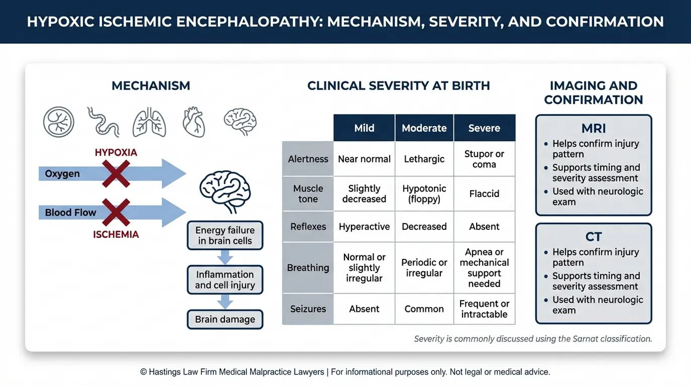 Clinical diagram showing how hypoxia and ischemia cause newborn brain damage and how mild moderate and severe HIE severity is assessed for an Arizona Hypoxic Ischemic Encephalopathy Lawyer case review.