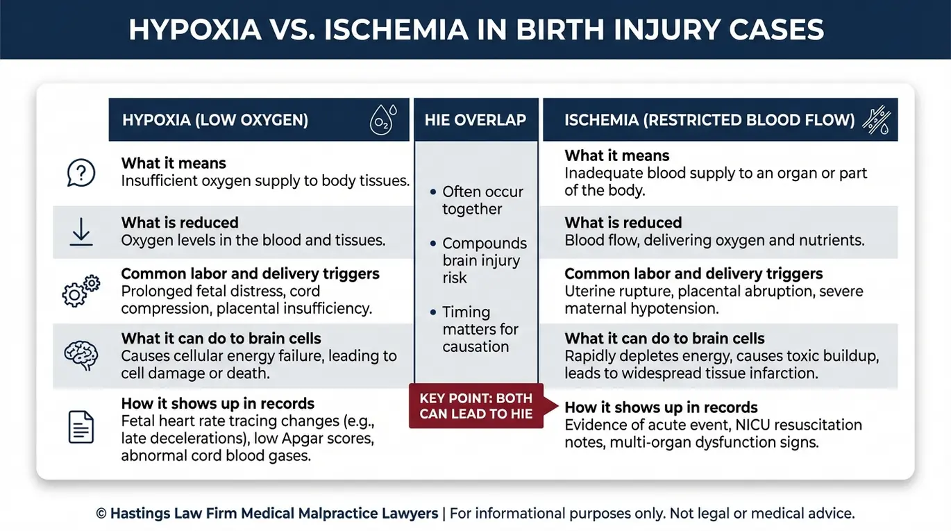 Comparison chart explaining hypoxia versus ischemia and how both mechanisms relate to HIE causation for a Texas Hypoxic Ischemic Encephalopathy Lawyer case review.