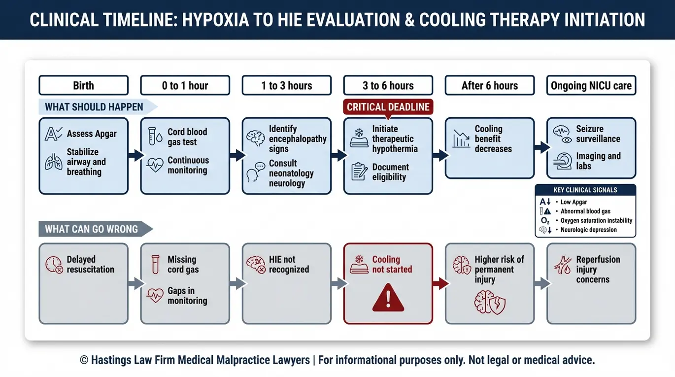 Diagrama de flujo que explica el HIE y el cronograma de la terapia de enfriamiento de seis horas, que suelen analizar los abogados especializados en negligencia médica neonatal de Arizona en casos de negligencia en la UCIN.