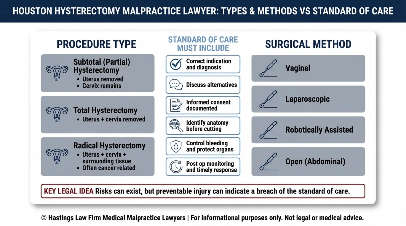 Comparison chart for a Houston Hysterectomy Malpractice Lawyer showing hysterectomy types and surgical methods matched to standard of care safety checkpoints.