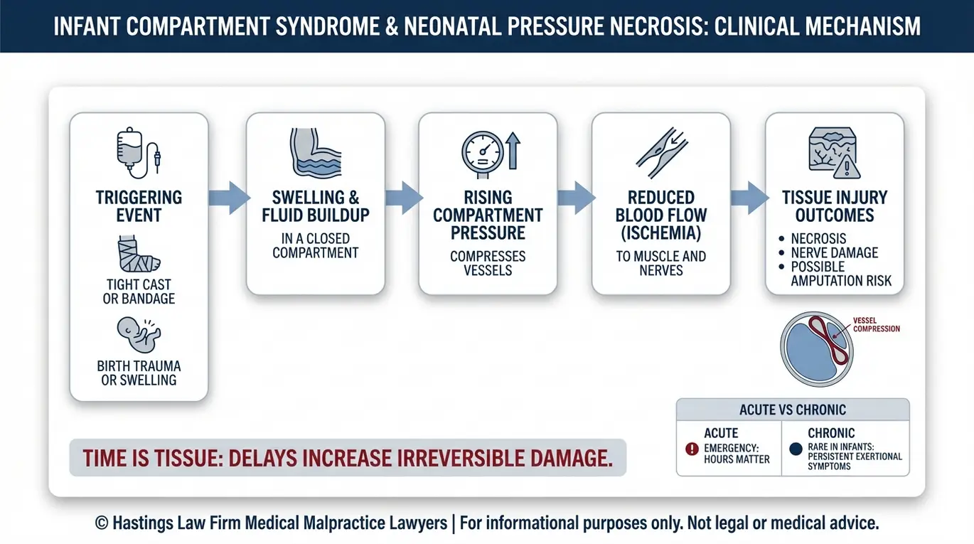 Clinical diagram showing how infant compartment syndrome progresses from swelling and rising compartment pressure to reduced blood flow ischemia and tissue damage, a key concept explained by a Texas Infant Compartment Syndrome Lawyer.