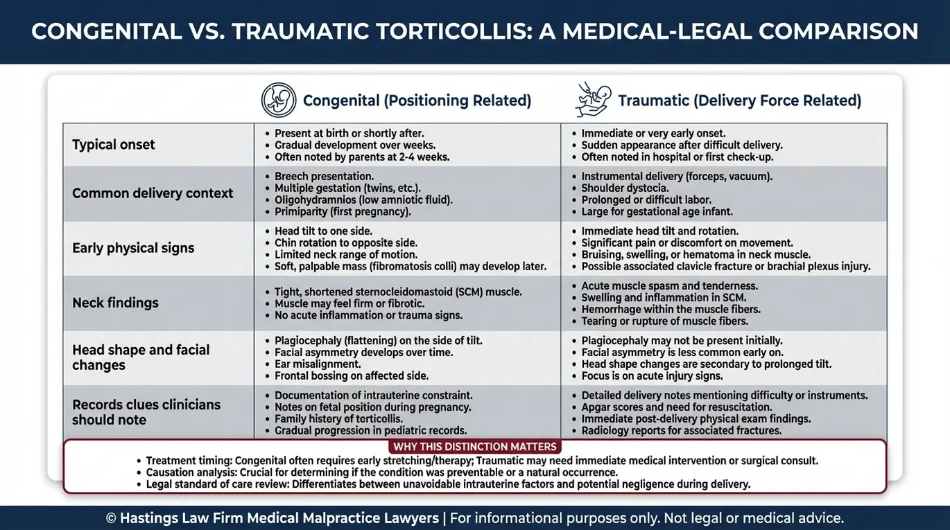 Cuadro comparativo que explica la tortícolis infantil congénita frente a la traumática para un Abogado de tortícolis y cuello torcido Texas, incluyendo el inicio, el contexto del parto, los signos y las pistas de la historia clínica.