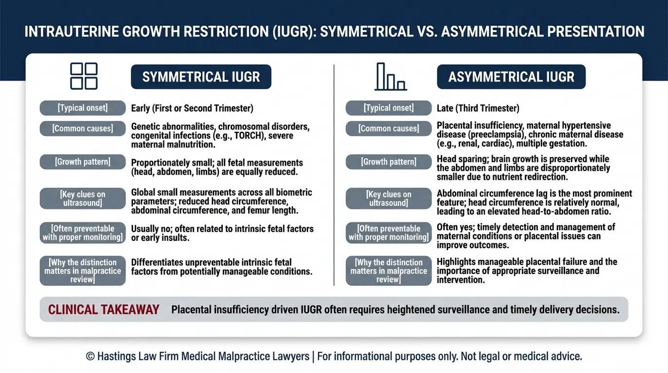 Comparison chart explaining symmetrical and asymmetrical IUGR with onset timing causes ultrasound clues and preventability to help families evaluating a Texas Intrauterine Growth Restriction Lawyer.