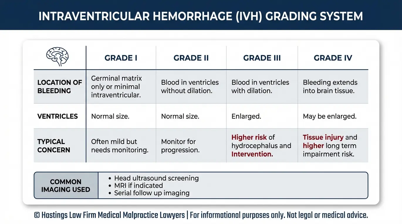 Comparison chart explaining intraventricular hemorrhage grades I through IV with location of bleeding ventricle changes and typical clinical concerns for a Texas Intraventricular Hemorrhage Malpractice Lawyer overview.