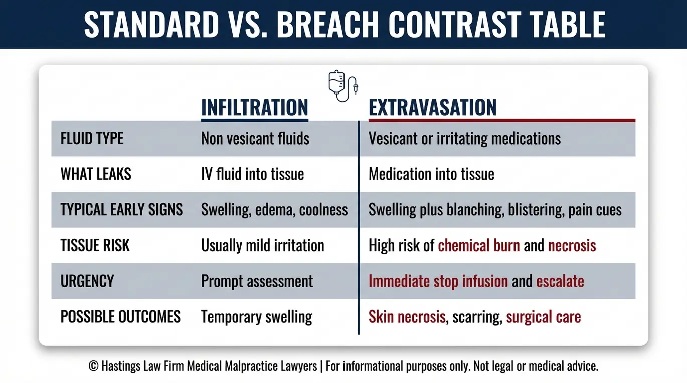 Comparison chart explaining IV infiltration versus IV extravasation in the NICU including fluid type signs urgency and tissue damage for families considering a Texas NICU IV Extravasation Lawyer.