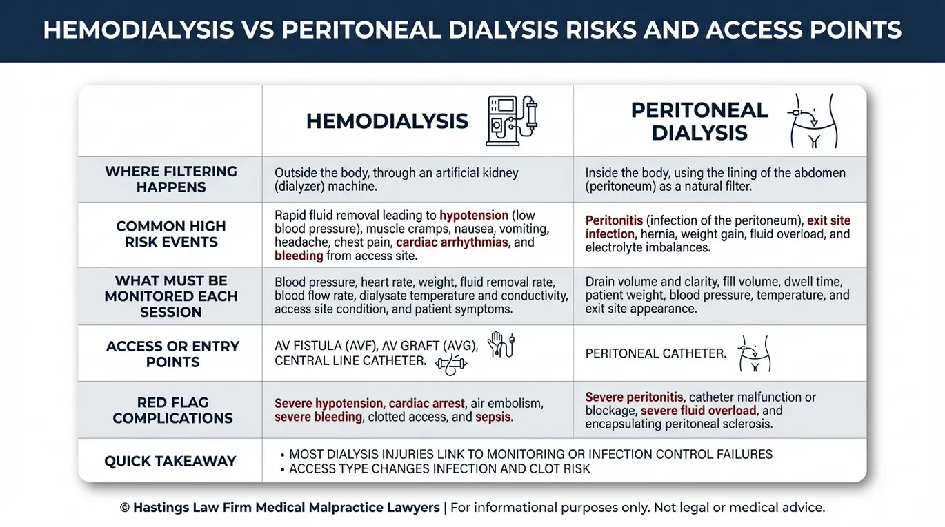 Tabla comparativa en la que se explican los riesgos de la hemodiálisis frente a los de la diálisis peritoneal, así como los puntos de acceso vascular, para un tema relacionado con un abogado especializado en negligencia médica en diálisis de Arizona.