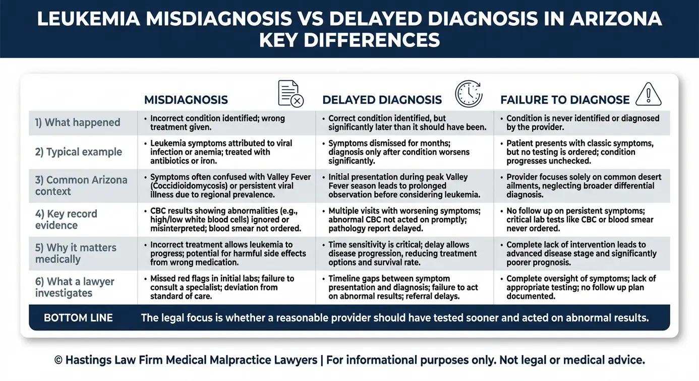 Tabla comparativa que explica la diferencia entre el diagnóstico erróneo, el diagnóstico tardío y la falta de diagnóstico en un caso de un abogado especializado en diagnósticos erróneos de leucemia en Arizona, con ejemplos y pruebas clave extraídas de los expedientes médicos.