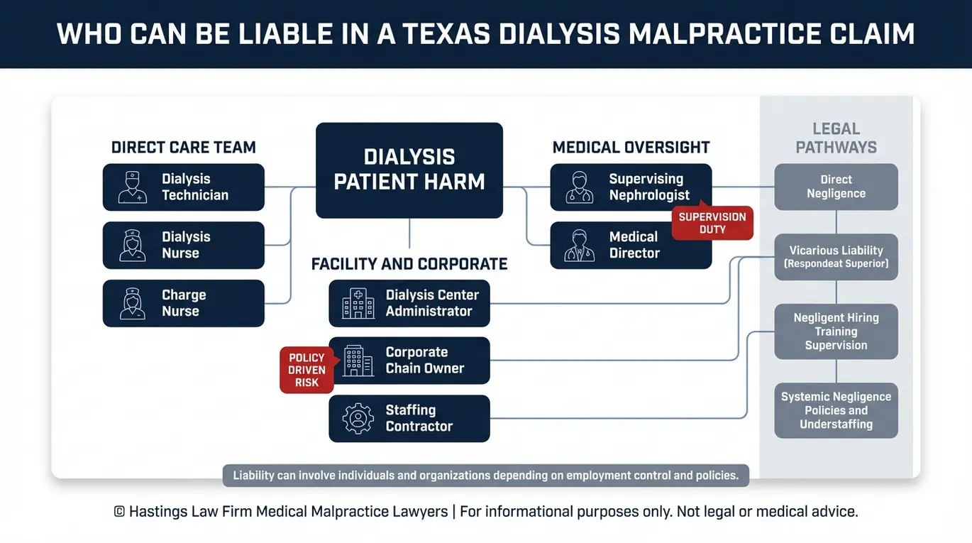 Mapa de entidades que muestra quiénes pueden ser responsables en una demanda por negligencia médica en diálisis Texas, incluyendo al técnico, al nefrólogo, al centro de diálisis y a la cadena corporativa, con vías de responsabilidad subsidiaria y negligencia sistémica.
