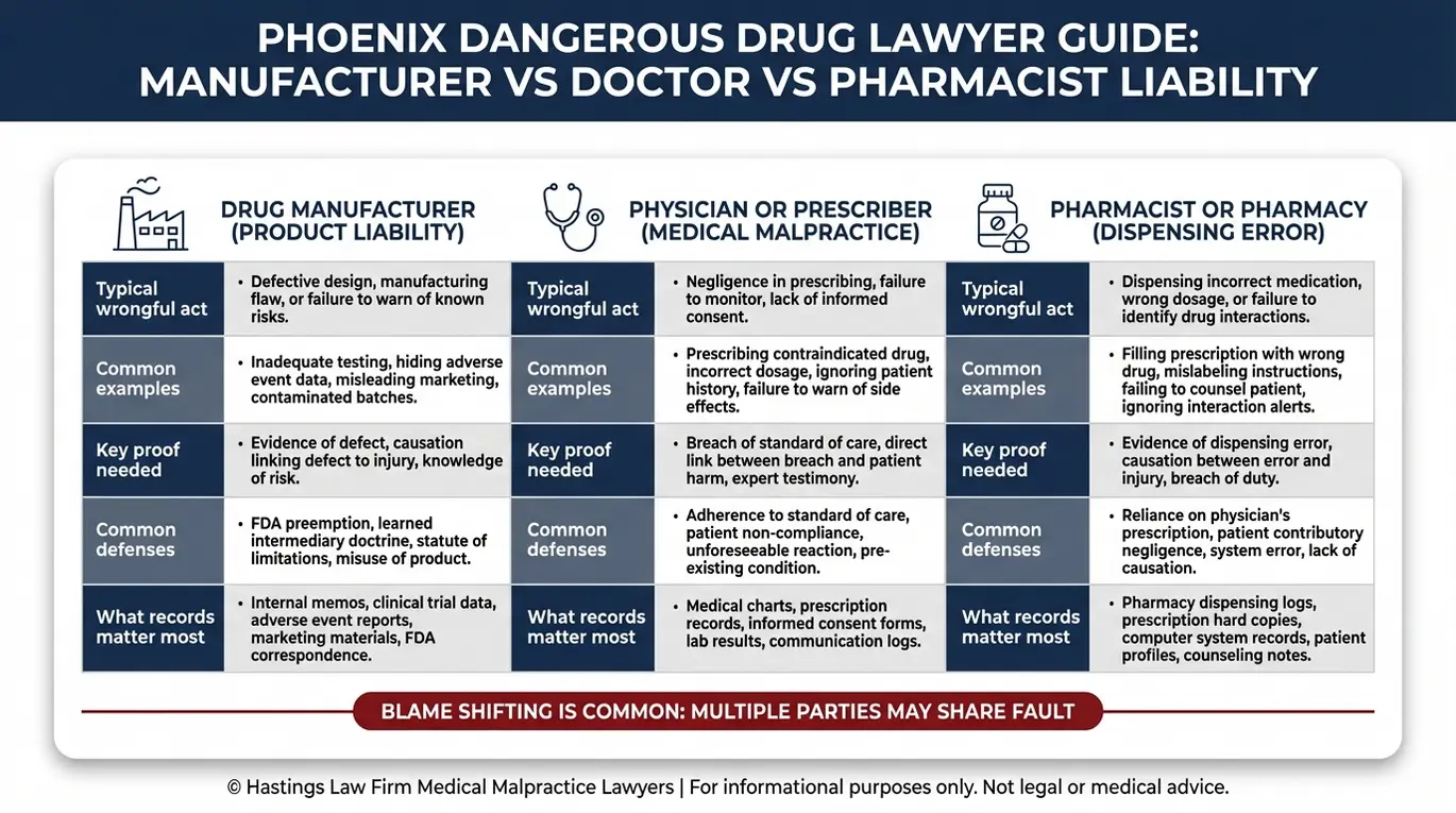 Tabla comparativa para un abogado especializado en casos de medicamentos peligrosos en Phoenix, en la que se compara la responsabilidad del fabricante, del médico y del farmacéutico, con ejemplos, pruebas, defensas y pruebas clave extraídas de los expedientes médicos.