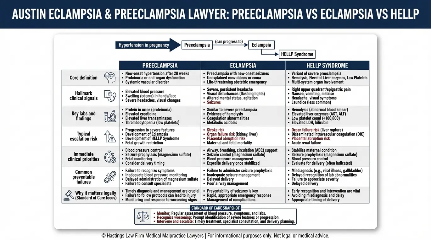 Tabla comparativa que muestra la preeclampsia, la eclampsia y el síndrome HELLP, junto con las obligaciones del estándar de atención, para una visión general de un abogado especializado en eclampsia y preeclampsia en Austin.