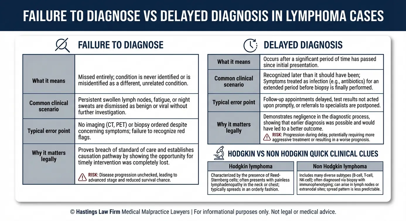 Cuadro comparativo que explica la falta de diagnóstico frente al diagnóstico tardío y las distinciones clave del linfoma para una evaluación de Texas Lymphoma Misdiagnosis Lawyer.