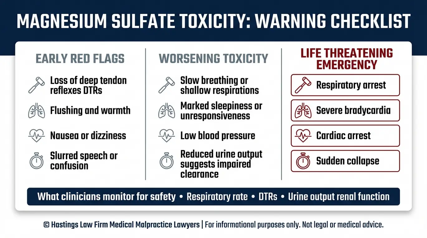 Warning checklist of magnesium sulfate overdose symptoms and hypermagnesemia red flags including loss of deep tendon reflexes slow breathing reduced urine output and cardiac arrest for people searching for an Arizona Magnesium Sulfate Overdose Lawyer.