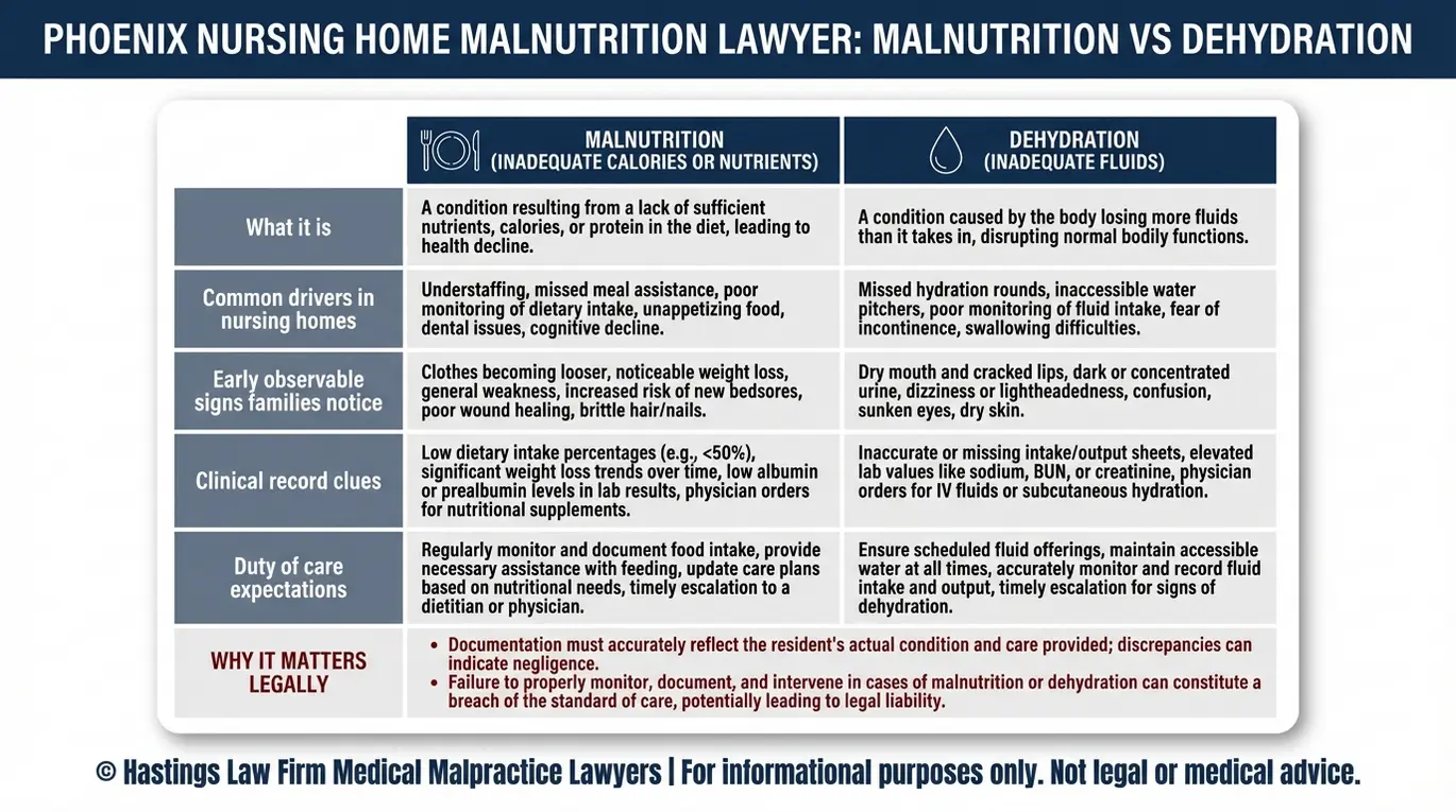 Tabla comparativa para un abogado de malnutrición en residencias de ancianos de Phoenix que muestra las definiciones de malnutrición frente a deshidratación, signos, pistas de registros médicos y expectativas del deber de cuidado de las residencias de ancianos.