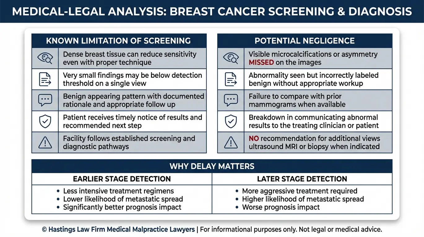Comparison chart explaining how a Texas mammography malpractice lawyer distinguishes known mammogram limitations from radiologist negligence including missed findings, failure to compare prior images, and delayed follow up.