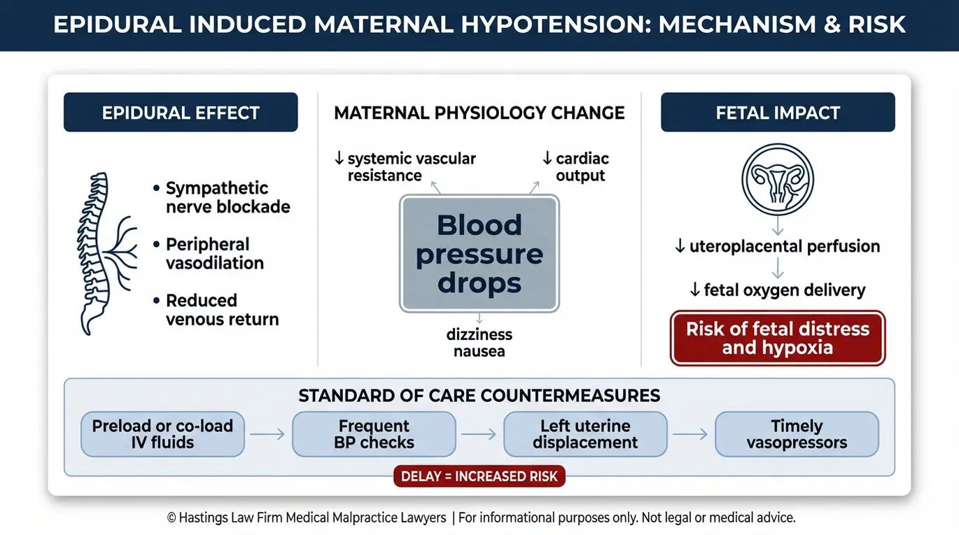 Clinical diagram showing how an epidural can cause maternal hypotension and reduce placental blood flow, supporting Texas Maternal Hypotension Epidural Error Lawyer causation and standard of care concepts.