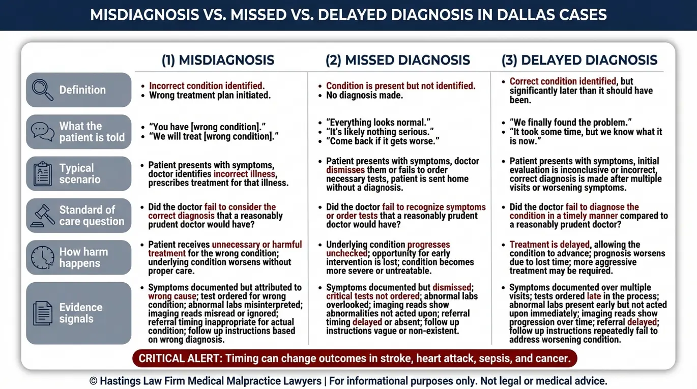 Tabla comparativa que explica los factores que influyen en los diagnósticos erróneos, los diagnósticos omitidos y los diagnósticos tardíos, y que un abogado especializado en diagnósticos erróneos de Dallas analiza, incluyendo el estándar de atención, la causalidad y las pruebas de los expedientes médicos.