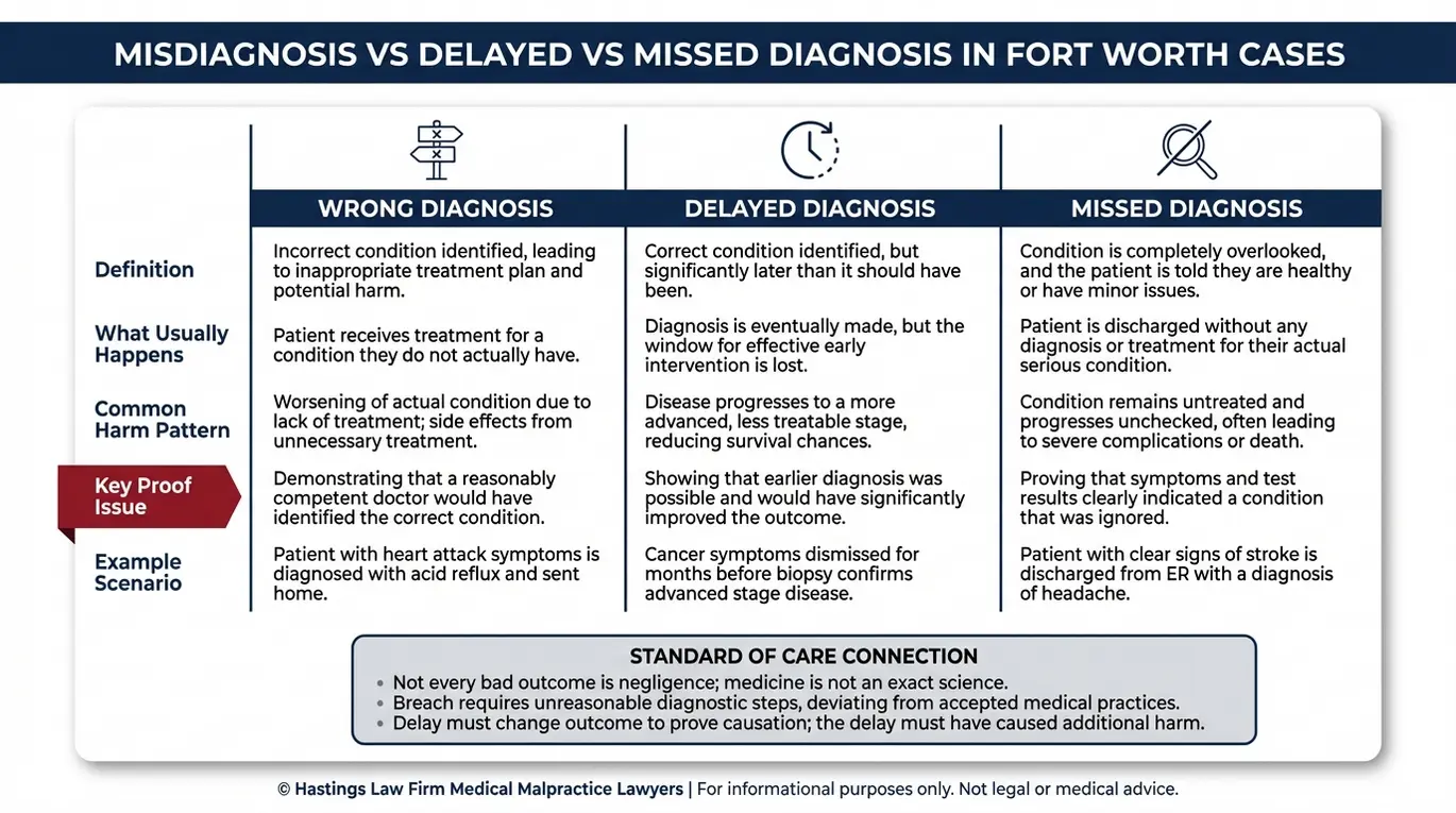 Cuadro comparativo que explica el diagnóstico erróneo vs diagnóstico tardío vs diagnóstico omitido para una consulta de Fort Worth Medical Misdiagnosis Lawyer.