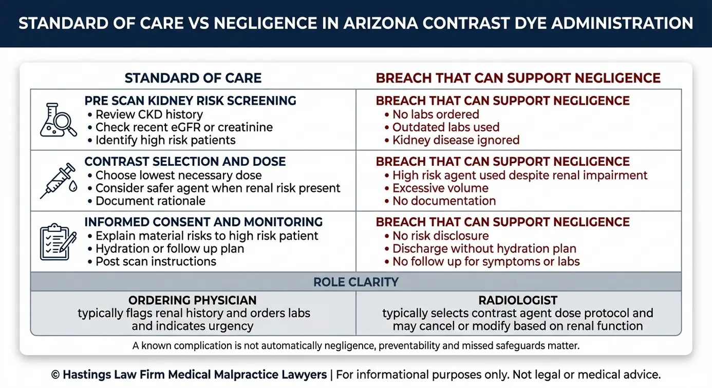 Comparison chart explaining standard of care versus negligence in an Arizona Contrast Dye Injury Lawyer claim including kidney screening contrast selection and provider role responsibility.