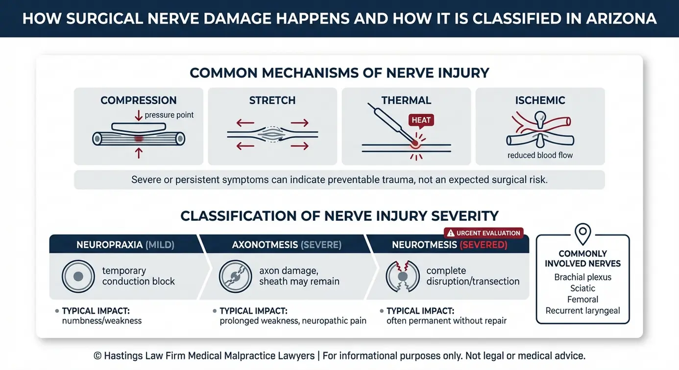 Diagrama clínico que muestra los mecanismos y la clasificación de la gravedad de las lesiones que evalúa un abogado especializado en daños nerviosos de Arizona, incluyendo compresión, distensión, lesiones térmicas, isquémicas, neuropraxia, axonotmesis y neurotmesis.