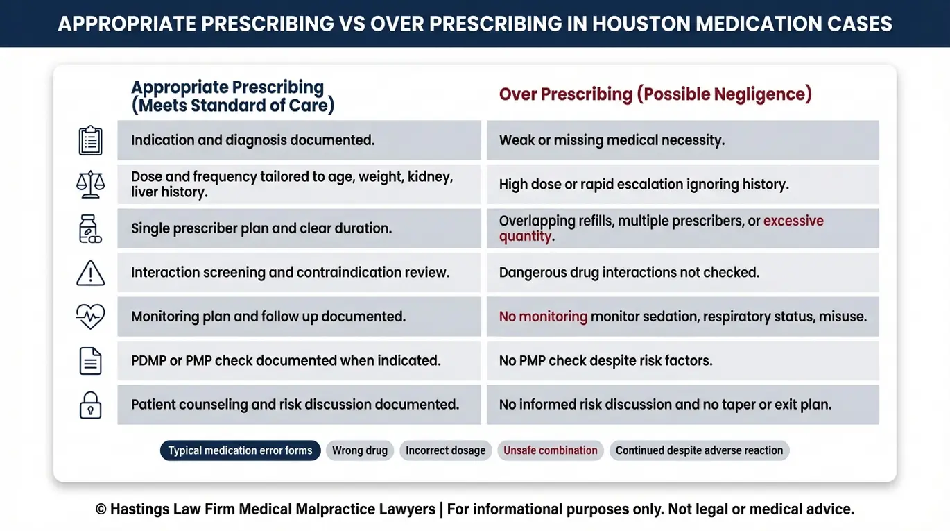 Comparison chart explaining appropriate prescribing versus over prescribing and medication errors for a Houston Over Prescribing of Medication Lawyer case review.