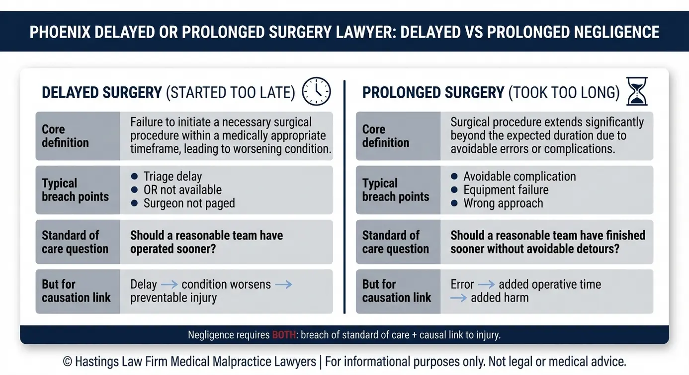 Comparison chart explaining Phoenix Delayed or Prolonged Surgery Lawyer concepts showing delayed surgery versus prolonged surgery definitions standard of care questions and but for causation paths.