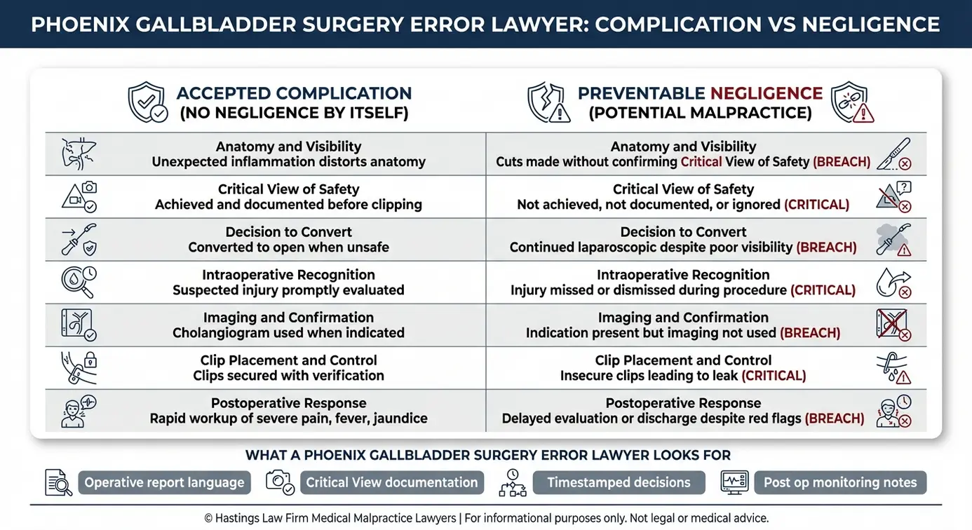 Tabla comparativa que explica cómo un abogado especializado en errores quirúrgicos de vesícula biliar en Phoenix distingue entre las complicaciones aceptadas y la negligencia, basándose en una visión crítica de la seguridad y en factores relacionados con la conversión a cirugía abierta.