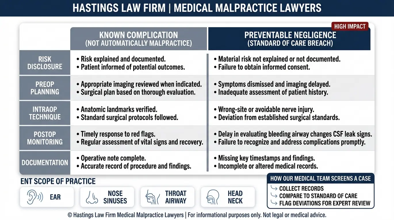 Tabla comparativa que explica cómo un abogado especializado en negligencia médica otorrinolaringológica de Arizona distingue entre una complicación conocida de la otorrinolaringología y una negligencia evitable, teniendo en cuenta factores relacionados con el estándar de atención, como el consentimiento informado, la técnica quirúrgica y el seguimiento posoperatorio.
