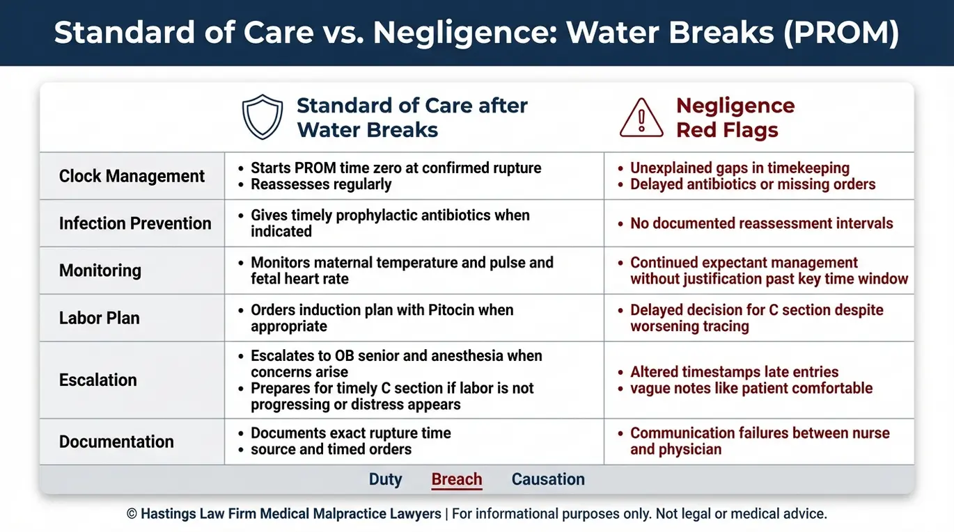 Comparison chart explaining standard of care versus negligence in a Texas Prolonged Rupture of Membranes Lawyer case including clock management antibiotics monitoring escalation and documentation red flags.