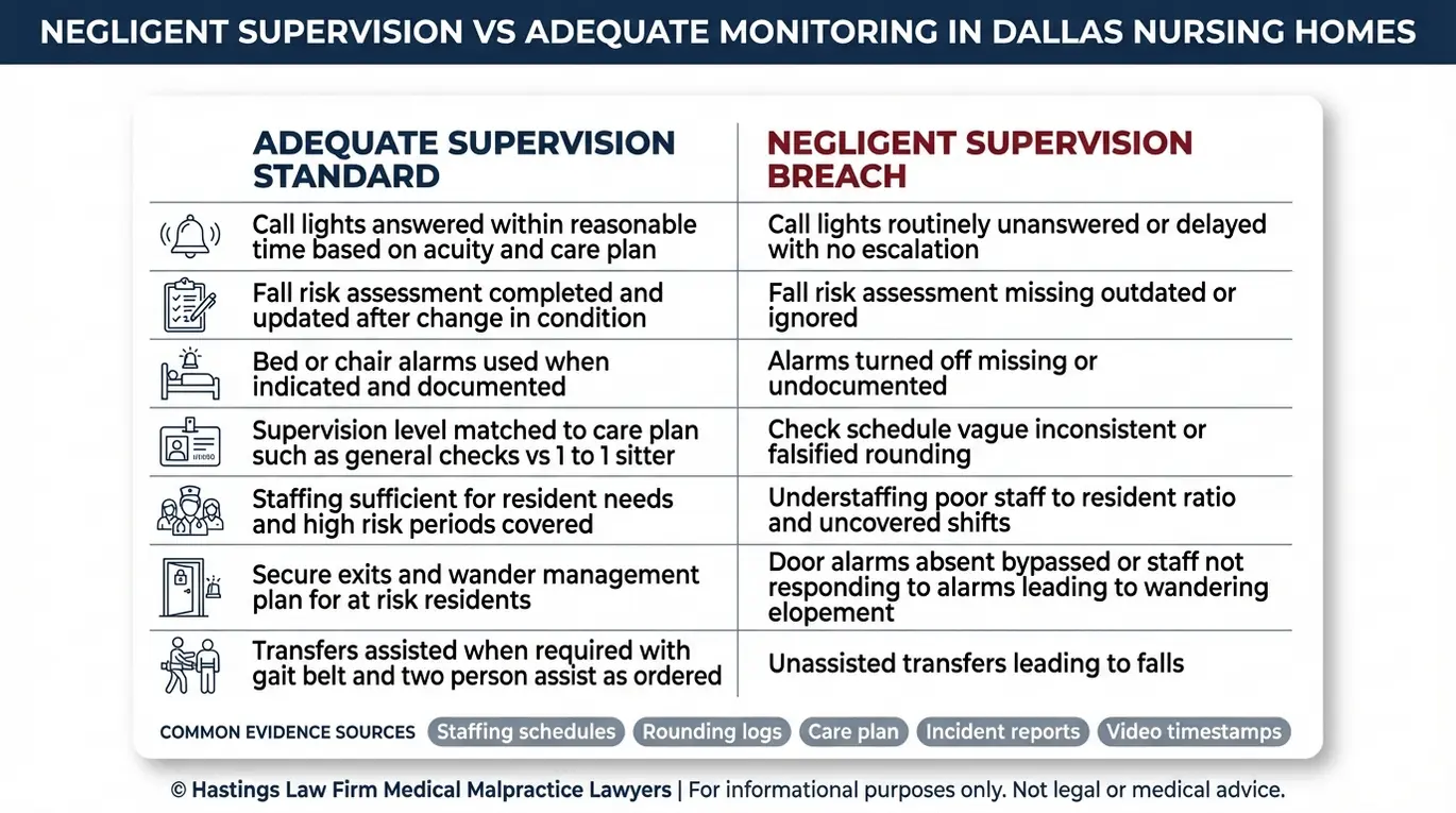 Comparison chart explaining adequate monitoring versus negligent supervision for a Dallas Nursing Home Supervision Lawyer case with paired examples like call light response bed alarms staffing and wander precautions.