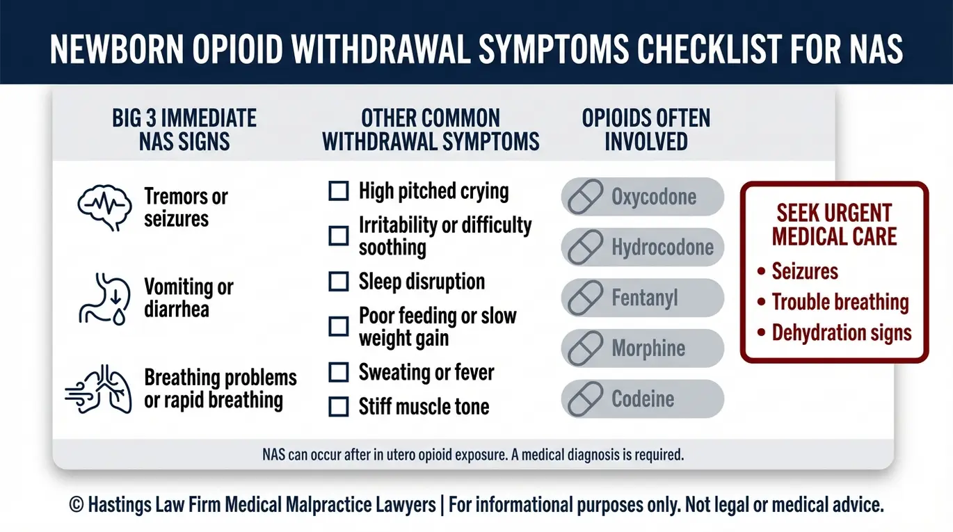 Checklist of Neonatal Abstinence Syndrome signs and newborn opioid withdrawal symptoms with common opioids, designed to support a Texas Newborn Opioid Withdrawal Lawyer case review.
