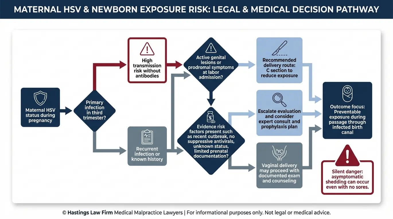 Process flowchart showing neonatal HSV transmission decision points that an Arizona Infant Herpes C Section Error Lawyer reviews including third trimester primary infection lesions or prodromal symptoms and delivery route selection.